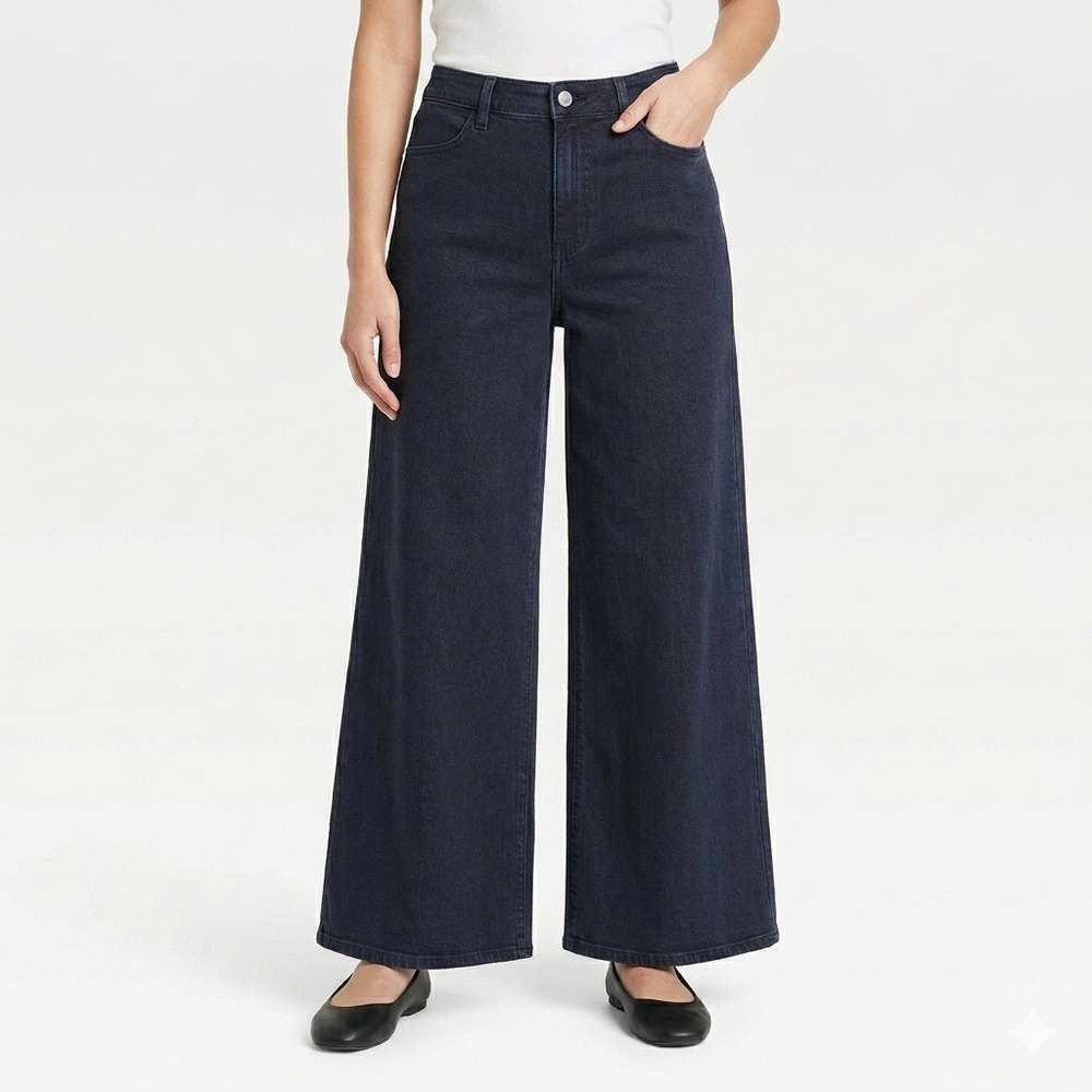 Universal Thread Jeans Womens 14 Wide Leg Ankle Dark Indigo Blue High Rise
